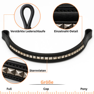 Black leather browband with studs and detailed close-ups on a white background