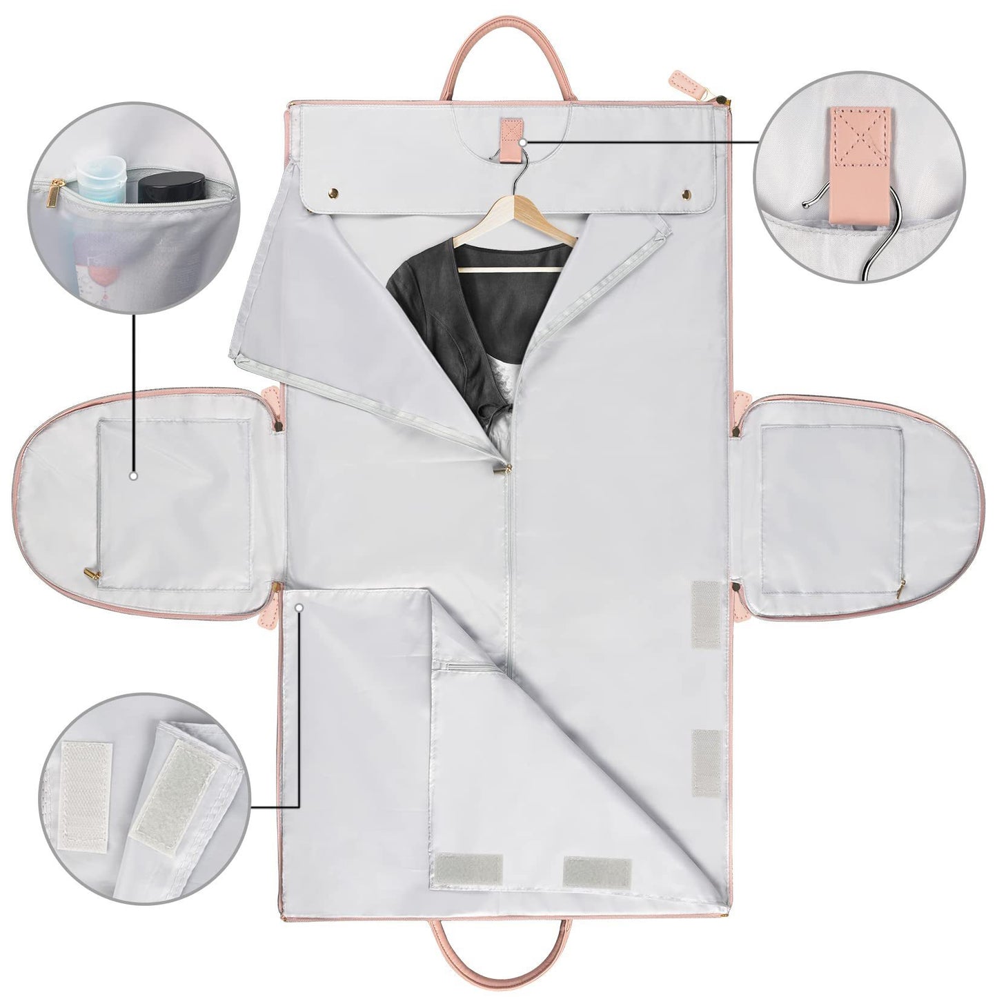 White garment bag with pink handles and compartments, showing details on a white background.