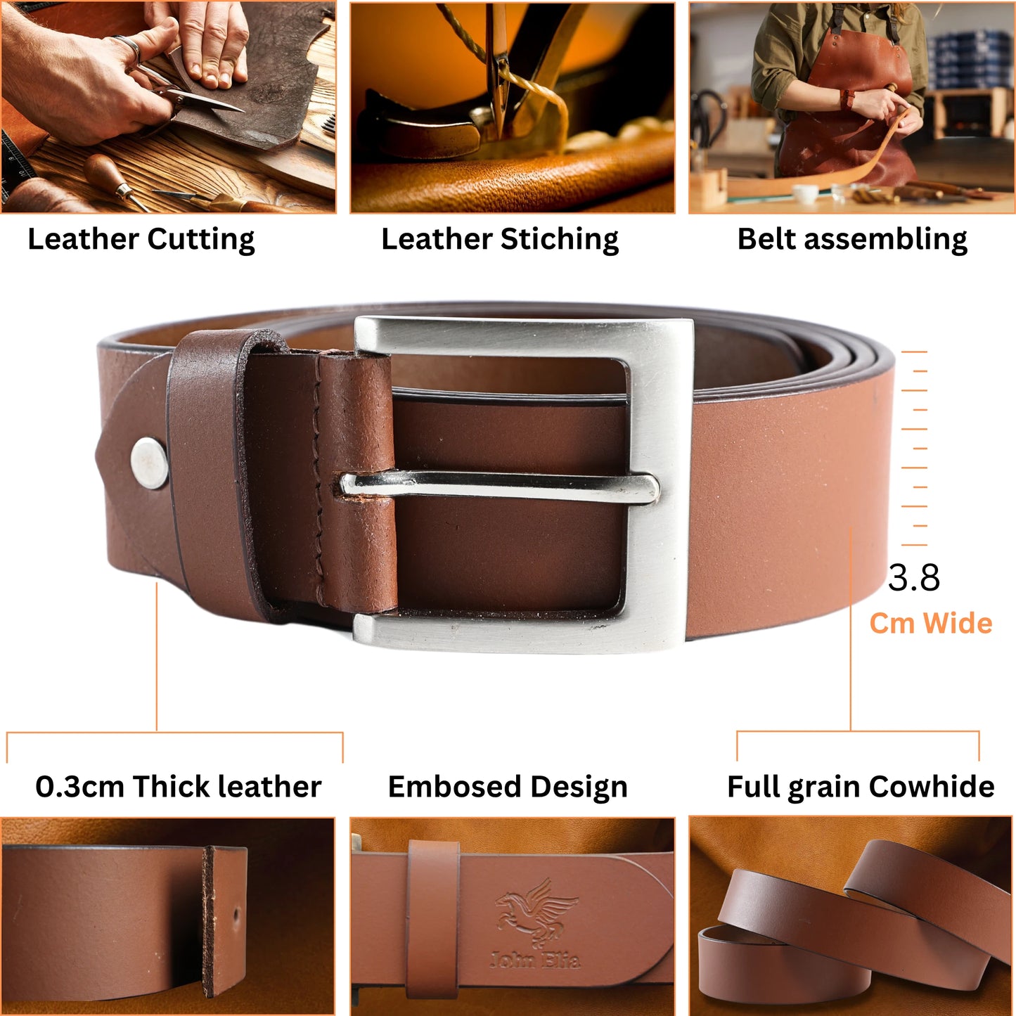 Brown leather belt with silver buckle, shown in various stages of production and detailed specifications.