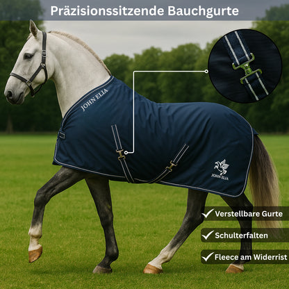 Horse wearing a blue blanket with John Elia branding in an outdoor setting