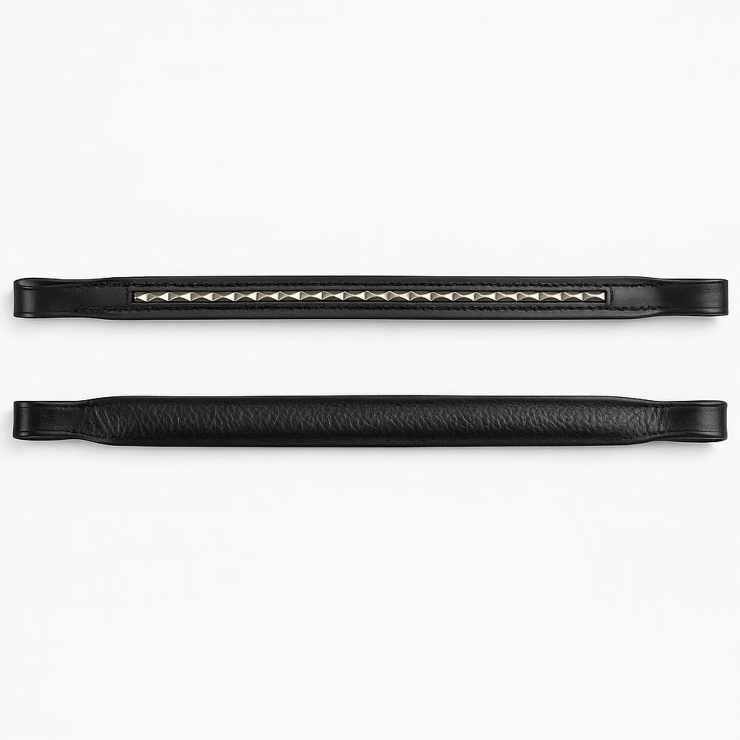 Black leather browband hardware on a white background