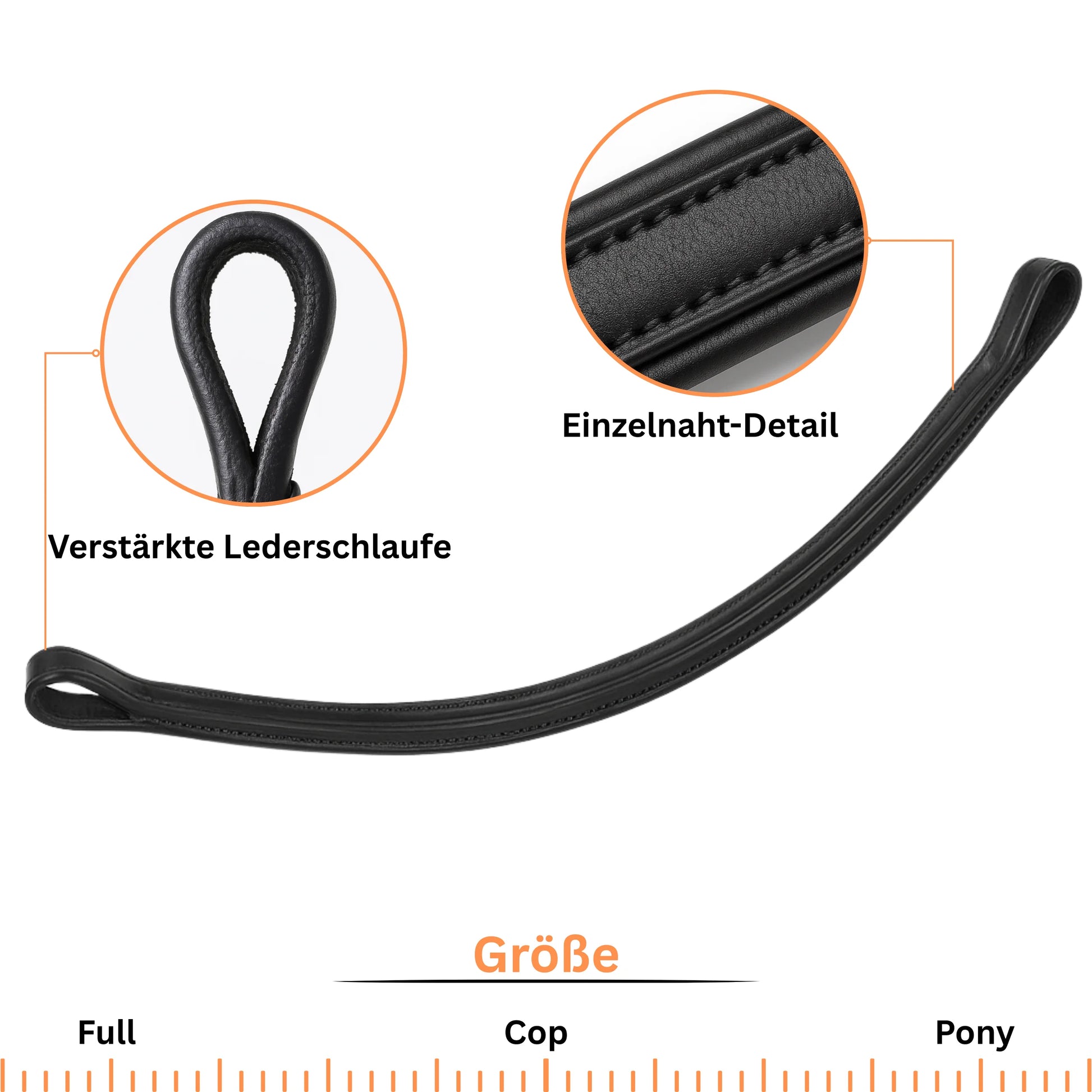 Black leather strap with detailed close-ups and size measurement scale on a white background