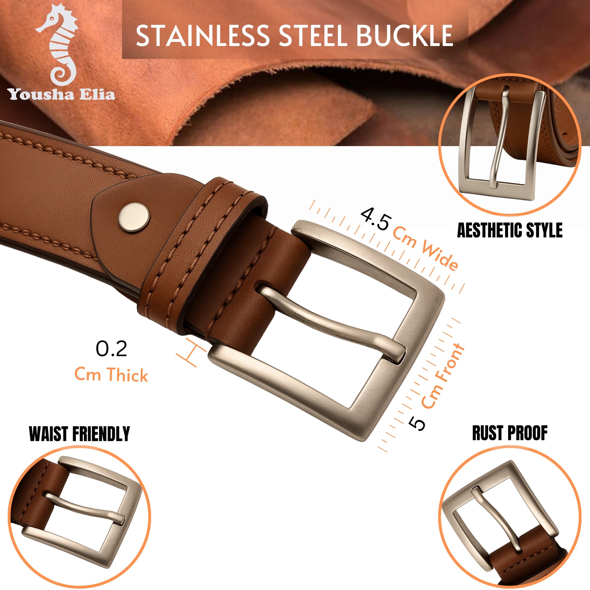 Brown leather belt with stainless steel buckle, featuring specifications on a white background.