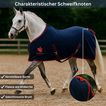 Horse wearing a navy blanket with red trim in an outdoor setting