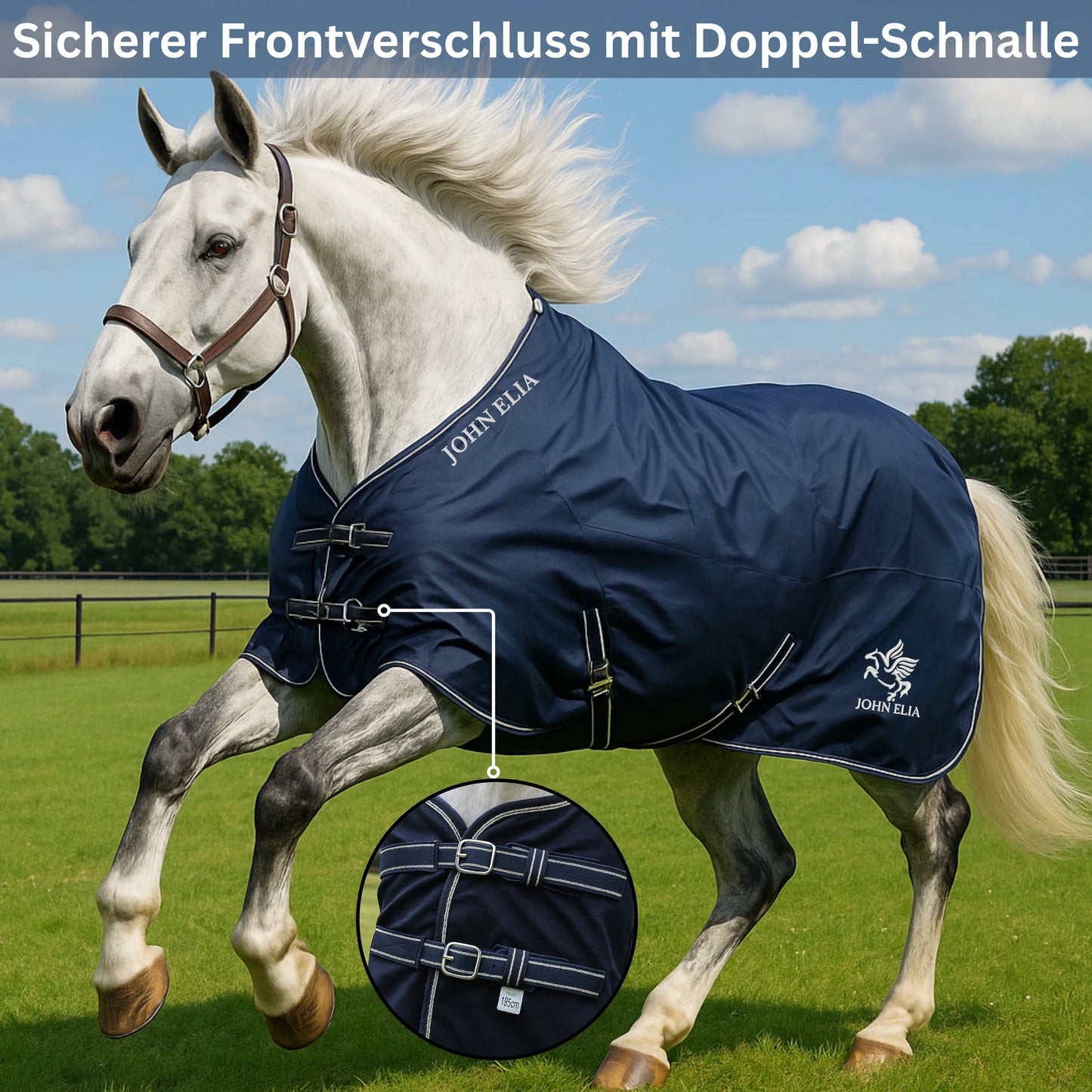 White horse wearing a navy blue John Ella rug on a grassy field with a blue sky.