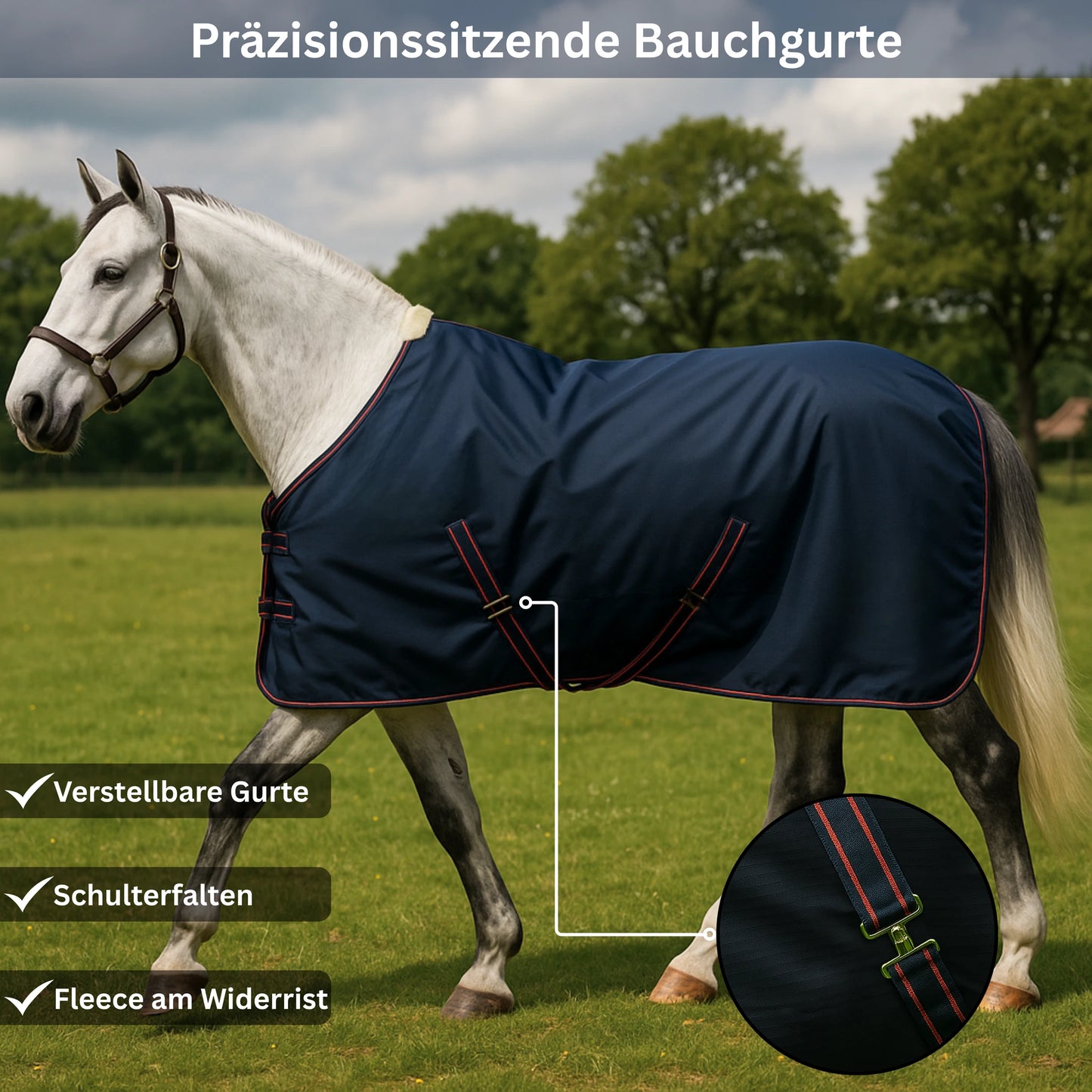 Horse wearing a navy blue rug with visible features on a grassy field