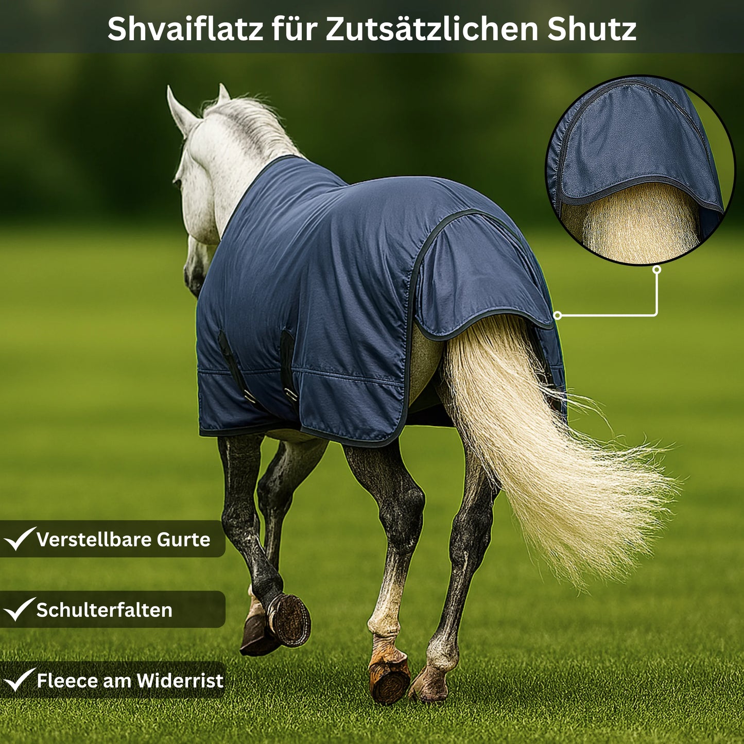 Horse wearing a blue protective blanket with additional features highlighted on a grassy background.