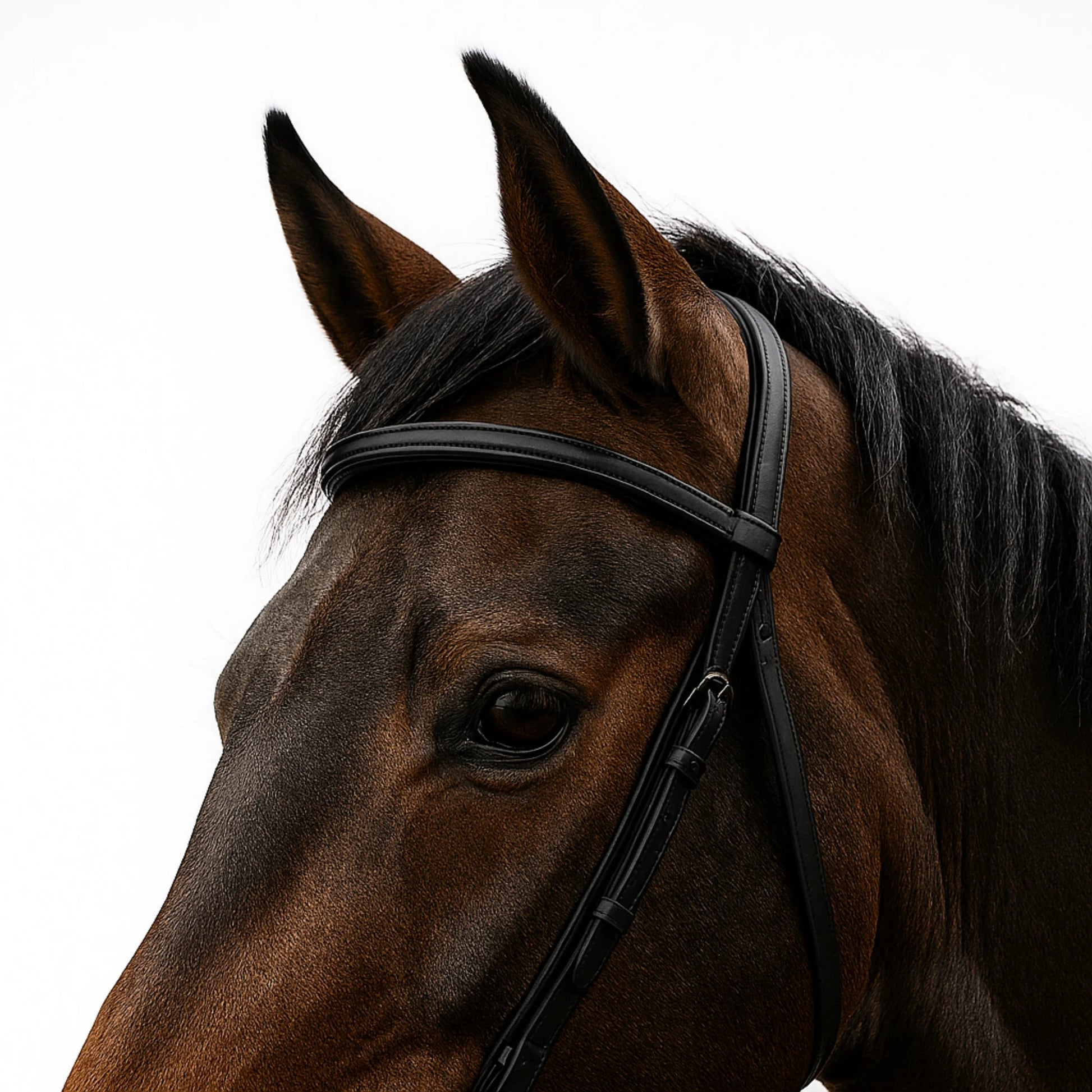 Close-up of a horse's head wearing a bridle on a white background