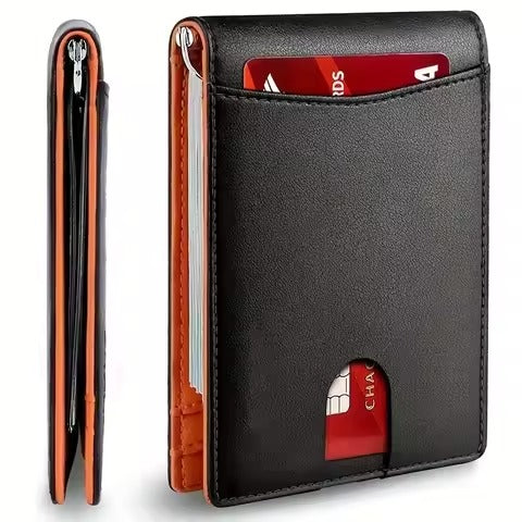 Black slim money clip wallet showing front card slot and side profile with integrated money clip.